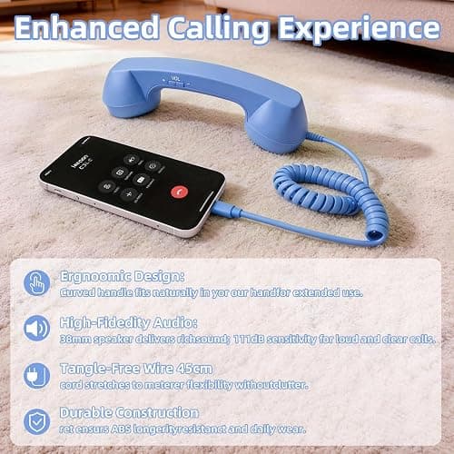 Retro Phone Handset for iPhone & Android, 2026 New Type-C Wired Receiver with Microphone & Speaker, Vintage Landline Style Handle for Noise Cancelling Calls, Meetings, and Home Office Desk Use (Blue) thumbnail 5
