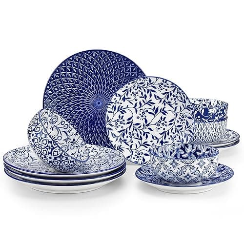 vancasso SELENE Plates and Bowls Set for 4, 12 Pieces Dinnerware Sets, Mircowave and Dishwasher Safe Dishes Set, Porcelain Blue Dinnerware - Cobalt Blue - 12 Pcs (Service for 4)