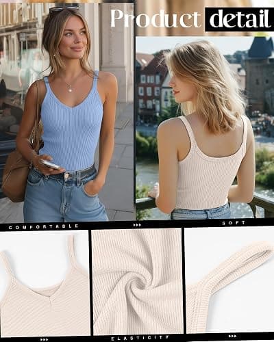 Yearntown 3 Pack Women's Ribbed Tank Tops Spaghetti Strap V Neck Slim Fit Cotton Camisole Knit Basic Sleeveless Camis Shirts thumbnail 5