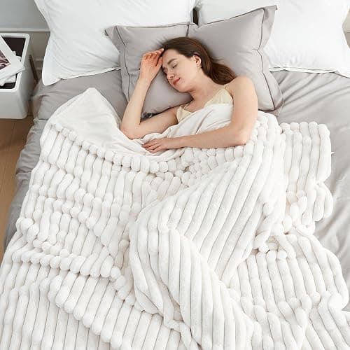Amélie Home Faux Fur Throw Blanket for Couch, Cozy Fuzzy Fluffy Fur Luxurious Soft Striped Plush Gift Blankets for Family Sofa Chair Bedroom, 55"x70", Ivory thumbnail 5