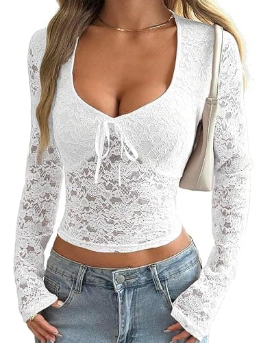 Matunana Womens Long Sleeve Going Out Tops Lace V Neck Mesh Crop Shirts Sexy Cute Y2K Fall Trendy Outfits 2025 - Image 1