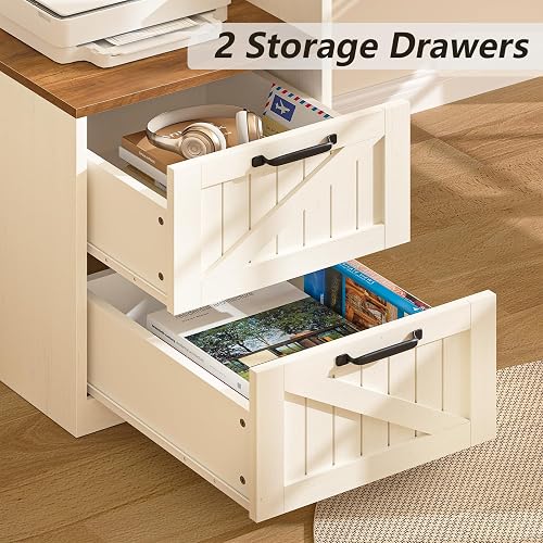 YOMILUVE 63" Farmhouse L Shaped Executive Desk with Drawers & Storage Shelf, Corner Computer Desk with Power Outlets, L Shaped Office Desk with Monitor Stand, Printer Shelf, Antique White thumbnail 5