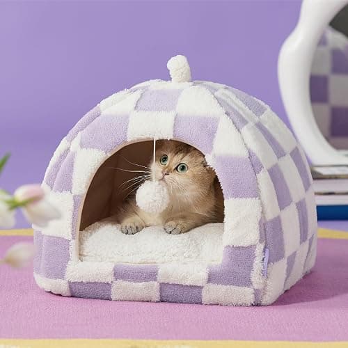 Lesure Cute Cat Beds for Indoor Cats - 2 in 1 Cat Cave Bed for Kittens and Small Pets with Removable Washable Cushioned Pillow, Cozy Kitten with Non-Slip Bottom, Purple, 16 inches thumbnail 6