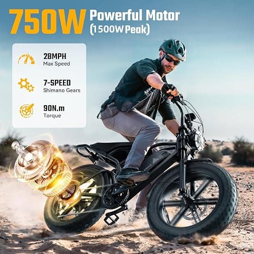 TST Electric Bike for Adults 1500W Peak 20" Fat Tire All-Terrain E-Bike 60/110 Miles 28MPH Electric Dirt Bike for Road Sand Mountain Snow - 48V 15/25AH Battery Powered Electric Motorcycle thumbnail 2