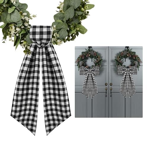 2 Pack Wreath Sash for Front Door Boxwood Wreath Sash Garland Front Door Porch Decor(White and Black Plaid) - Image 1