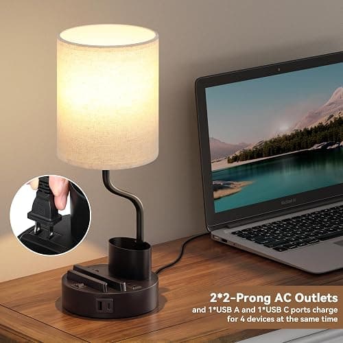 Fenmzee Bedside Lamps for Bedroom Set of 2 - Table Desk Lamp for Nightstand | 15" Table Lamp for Living Room with Pen Holder & Phone Stand, USB A+C Port, AC Outlet, 3 Color Temperature, LED Bulb Included thumbnail 8