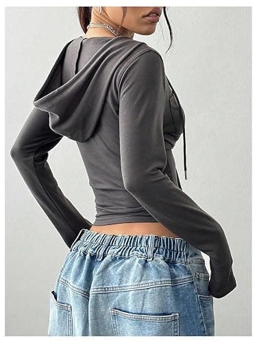 GORGLITTER Women's Long Sleeve Cropped Hoodies Long SLeeve V Neck Slim Fit Hooded Sweatshirt thumbnail 3