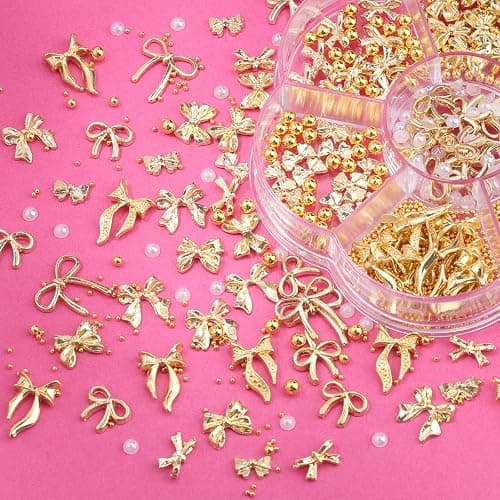 3D Metal Alloy Nail Bows Kit - Silver & Gold Bowknot Charms with 1-3mm Mini Caviar Beads, Tweezers, Pickup Pencil, Cute Nail Charms and Gems Jewelry in Petal-shaped Box (Gold-kit-1) thumbnail 6