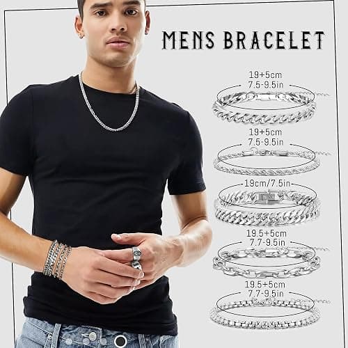 FEYIR 37 Pcs Jewelry Set for Men Stainless Steel Cuban Link Necklace Bracelet Vintage Rings Hoop Stud Earrings Mens Fashion Jewelry thumbnail 5