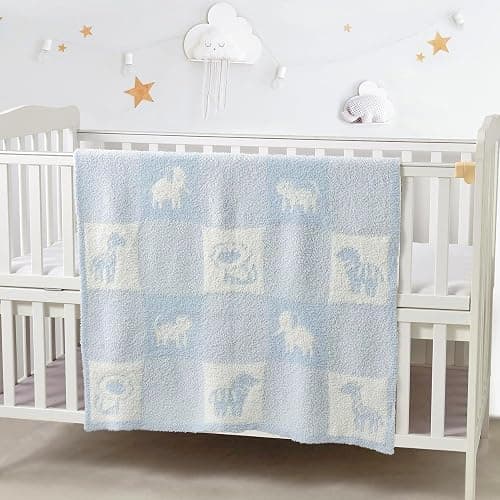 CREVENT 2Pcs 30''X40'' Cute Cozy Fluffy Warm Baby Blankets for Infants Toddlers' Bedding Crib Cot Stroller - Grey Cloud + Knit Animal Blue thumbnail 3