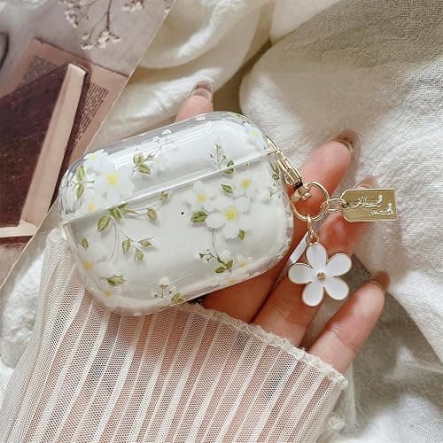 MINSCOSE Compatible with AirPods Pro 2nd/1st Generation Case Clear Case,Cute Pretty Flower Pattern Design with Floral Keychain, Soft TPU Protective Shockproof Cover for AirPods Pro/Pro 2-White Flower thumbnail 5