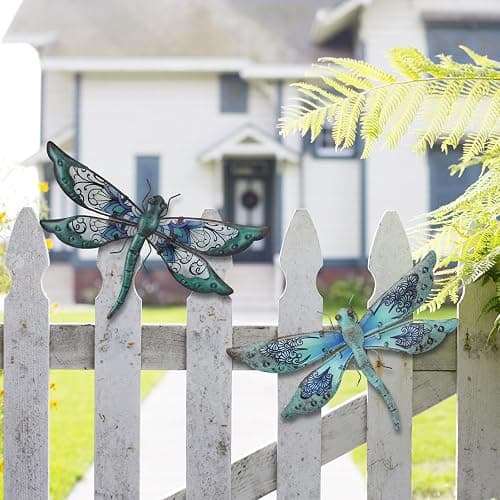 LIFFY Glass Metal Dragonfly Wall Decor Pair - Outdoor Wall Art for Garden and Home - Hanging Decor Gifts for Women, Light Blue thumbnail 2