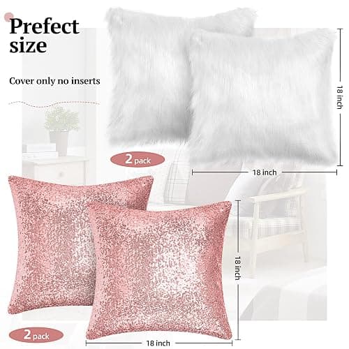 Irenare 4 Pcs Sequin and Fluffy Pillow Covers Winter Throw Pillow Cases Soft Cushion Cover for Couch Bed Sofa Xmas Day(18 x 18 Inch,Pink, White) thumbnail 2