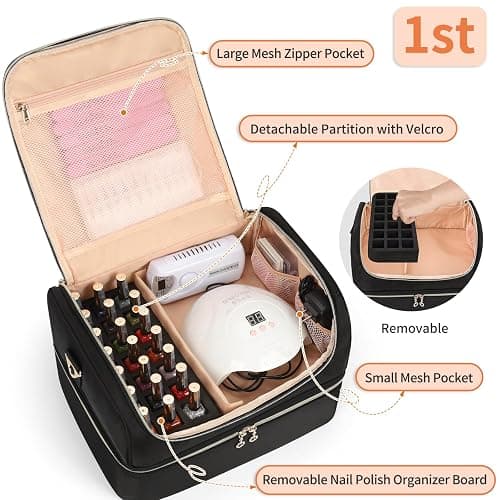 CUBETASTIC Nail Polish Organizer, Nail Tech Organizers and Storage Case Holds 69 Bottles Nail Polish & Nail Lamp, Travel Nail Supplies bag for Nail Tech Kit & Manicure Tools, Black - Black - 69 Slots thumbnail 2