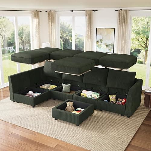 HONBAY Modular Sectional Sleeper Sofa Green Couch L Shaped Sectional Sofa with Storage, Convertible Couches for Living Room - Green thumbnail 4