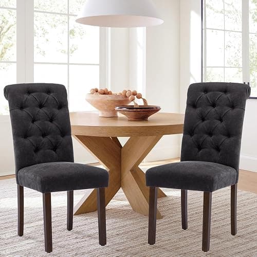COLAMY Button Tufted Dining Chairs Set of 6, Parsons Upholstered Fabric Dining Room Chairs Kitchen Chairs with Wood Legs and Padded Seat, Black thumbnail 2
