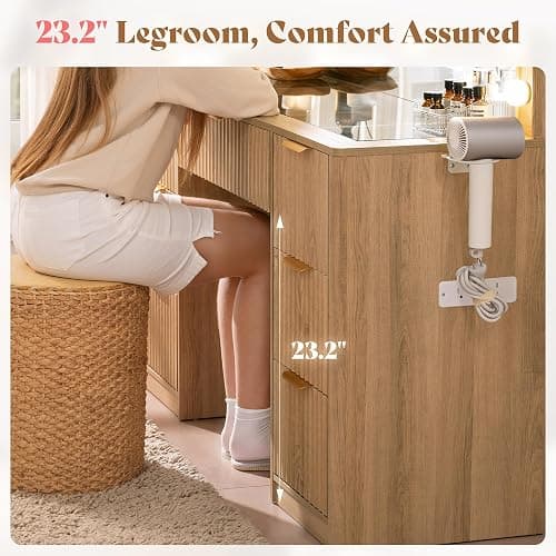 AMERLIFE 47.2" Fluted Vanity Desk with Mirror and Adjustable LED Lights, Large 7 Drawers Makeup Table with Glass Top and Charging Station for Women and Girls, Bedroom or Dorm, Natural Oak thumbnail 8