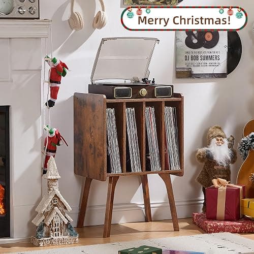 LELELINKY Record Player Stand, Brown Vinyl Record Storage Table, Patented | Mid-Century Modern Turntable Stand with Wood Legs, 4 Cabinets, Up to 100 Albums, Vinyl Holder Shelf for Bedroom Living Room thumbnail 2