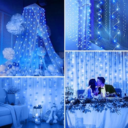 Minetom Curtain Lights, 300 LED Dimmable Fairy Lights with Remote and Timer, 8 Modes, USB Powered String Lights for Room Wall Party Xmas Indoor Decor, Blue & White - Blue & White - 1 Pack thumbnail 7