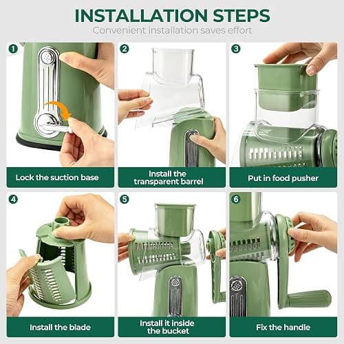 SUSTEAS Rotary Cheese Grater with Handle - Vegetable Shredder with 5 Well-designed Blades & Strong Suction Base,Round Mandoline Slicer & Food Chopper for Kitchen,with Blade Storage Box(Retro Green) thumbnail 6
