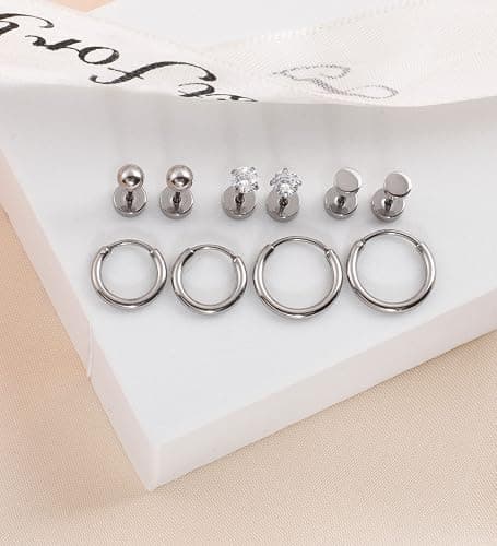 Staligue 5 Pairs Titanium Earrings - Dot Ball Cubic Zirconia 20 Gauge Pure Titanium Stud Hoop Earrings Set - Flat Back for Women thumbnail 2