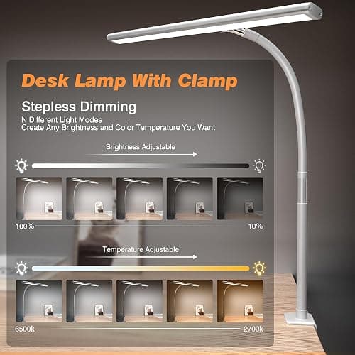 Airlonv LED Desk Lamp for Office Home, Eye-Caring Desk Light with Stepless Dimming Adjustable Flexible Gooseneck, 10W USB Adapter Desk Lamp with Clamp for Reading, Study, Workbench (White) thumbnail 2
