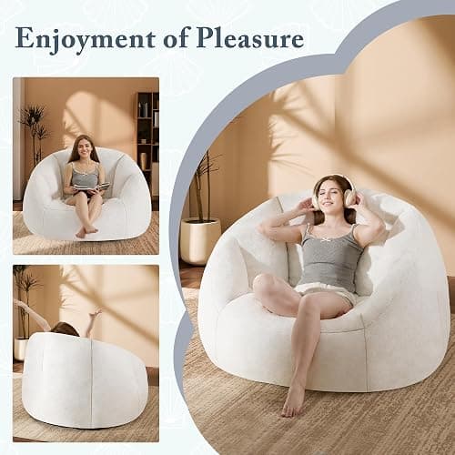 Giant Bean Bag Chair for Adults - Comfy Plush Round Shell Soft Accent Chair, Oversized Cozy Lounge Floor Sofa Reading Chair, Mini Couch for Living Room, Bedroom & Game Rooms, Beige thumbnail 3