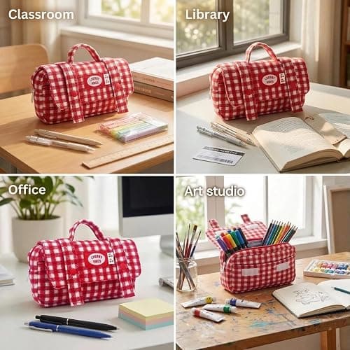 Haumei Cute Checkered Pencil Case, Red White Plaid, Large Capacity Gingham Pattern Pen Bag with Handle, Big Stationery Organizer, Multi-Use Storage Pouch, 8.7x1.6x4.7 Inches, Red thumbnail 7