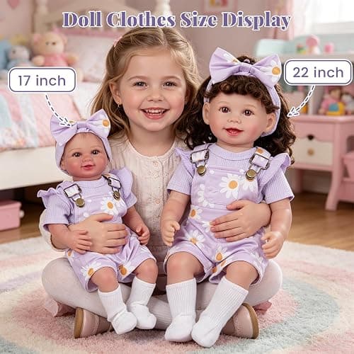 BABESIDE 4 Pcs Reborn Baby Doll Clothes Set for 17-22 Inch Baby Dolls | Cute Purple Flower Baby Doll Overalls Lifelike Reborn Baby Doll Accessories with Headband and Socks for Realistic Dolls Girl thumbnail 6