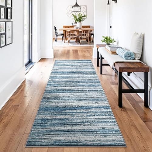 Chicrug 2x6 Blue Washable Runner Rug for Hallway Kitchen Entryway Non Slip | Striped Abstract Long Runners Rugs for Bedroom, 6ft Low Pile Floor Carpet Runner for Bedside Dorm Laundry Room - Image 1