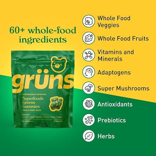 Gruns Adults Super Greens Multivitamin Gummies, Superfood Vitamin Gummy Bears with Spirulina, Chlorella, Prebiotic Fiber for Digestive Health, Adaptogens Supplement, 20 Vitamins & Minerals, 28 Count thumbnail 3