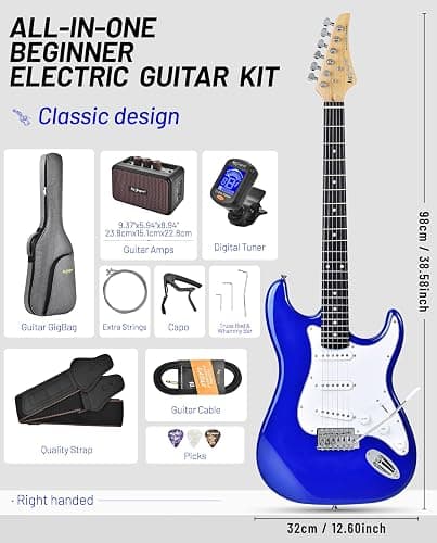 Leo Jaymz Beginner Electric Guitar Complete Kit with Portable Amp, Padded Gig Bag & Full Accessories, Maple Neck SSS Pickups(Royal Blue) thumbnail 2