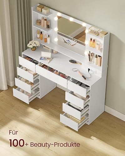 VASAGLE Kailyn Kollektion - Schminktisch mit Spiegel und LED-Leuchten, Steckdosenleiste, 9 Schubladen, 9 dimmbare Glühbirnen, 3 Lichtfarben, werkzeuglose Gleitschienen, wolkenweiß RDT141WB02 thumbnail 4