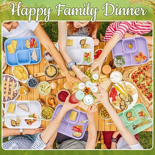 Pinkunn 8 Pcs 10'' Divided Plates Unbreakable Wheat Straw Dinnerware Lunch Trays Lightweight Reusable Plastic Compartment Microwave Dishwasher Safe Separator Plates (White, Blue, Purple, Green) thumbnail 5