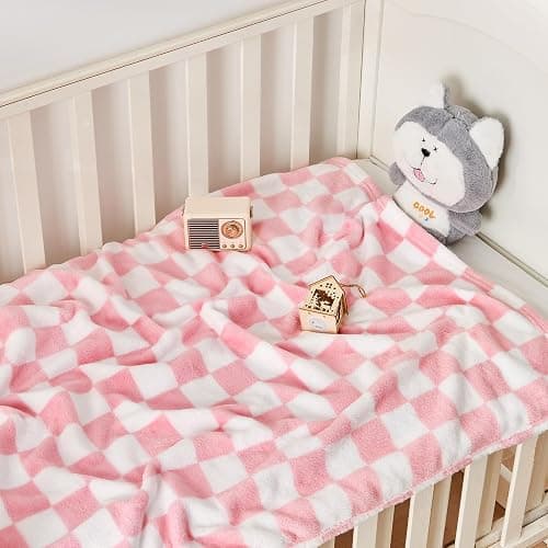 Yurhap Checkered Baby Blanket for Girls Pink Fleece Baby Blankets for Girls Boys, Warmer Comfort Lightweight Bed Blanket for Toddlers Infants or Newborn, 30''x40'', Pink thumbnail 4