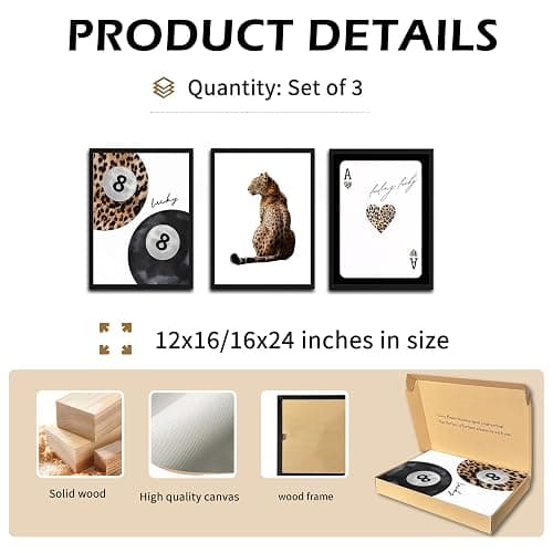 Framed Trendy Leopard Wall Art Set of 3, Funky Preppy Cheetah Wall Decor Paintings, Fashion Lucky 8 Posters Prints Pictures for Living Room Bedroom Dorm 12x16 Inch Black Wood Frame thumbnail 4