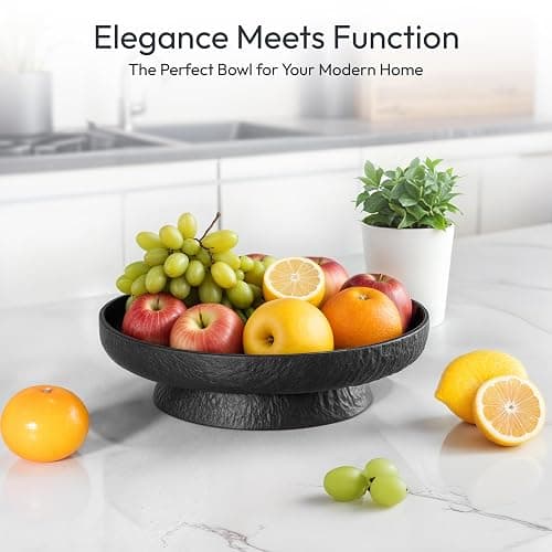 Granite Inspired Matte Black Fruit Bowl | Wide, Shallow Textured Pedestal Bowl | 11 Inch Unique Centerpiece for Table or Decor for Entryway Table thumbnail 5