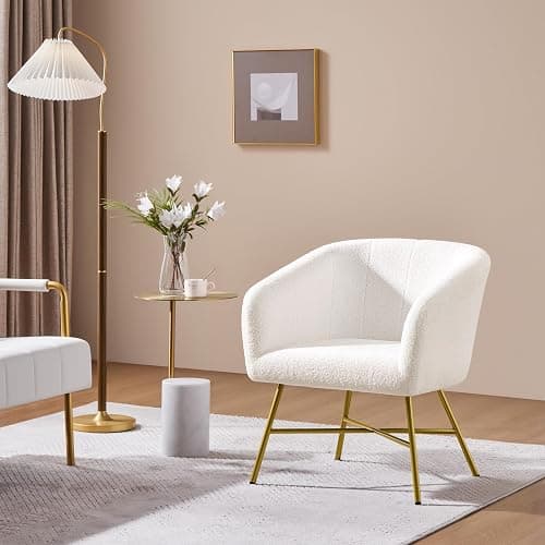Yaheetech Boucle Tub Chair, Upholstered Vanity Chair with Round Back, White | Modern Armchair with Integrated Backrest and Armrests, Thick Padded Seat and Adjustable Foot Pads for Living Room Bedroom thumbnail 2