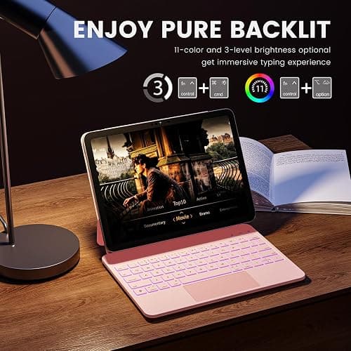 RAYMCRAFT for iPad 11th(A16, 2025)/10th Generation Case with Keyboard, Magic Keyboard 2022, Springy Backlit Keys, Stain-Resistant Surface, Multi-Touch Trackpad,Pink thumbnail 4