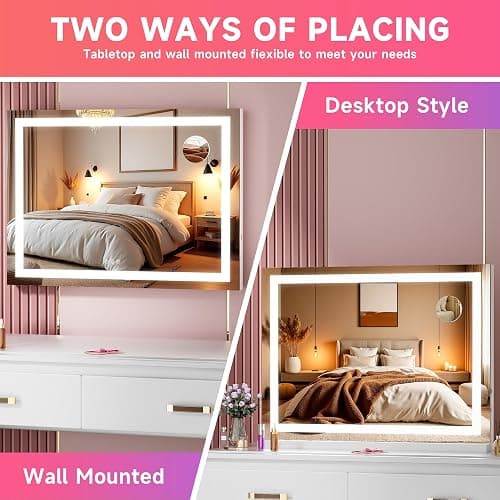 Batuso Vanity Mirror with Lights, 28" x 20" LED Makeup Mirror with 10X Magnification, Dimmable 3 Modes, Memory Function, Smart Touch, USB Charging Port, Lighted Makeup Mirror Square White thumbnail 6