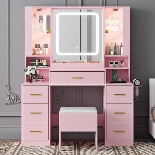 BORNOON Makeup Vanity with LED Light Strip Mirror and Chair, 7 Drawers & 2 RGB Cabinets Pink Vanity Makeup Desk with Power Strip, Adjustable LED Lighting, and Cushioned Stool for Women, Girls, Teens thumbnail 7