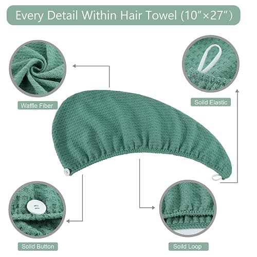 Microfiber Hair Drying Towel - 2Packs Waffle Long Hair Head Turban Wraps Terry Cloth Fast Absorbent Dry Anti Frizz Twist Plopping Curly Shower Turban for Women Wet Hair (Green) thumbnail 3