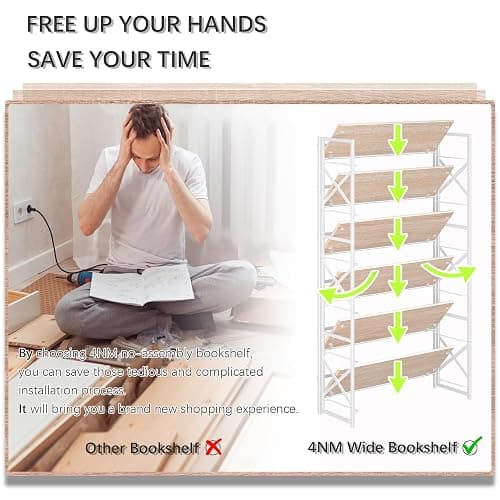 4NM Extra Wide 6 Tiers No Assembly Book Shelves, 61.8" H Folding Bookshelf Bookcase Open Industrial Foldable Shelves for Bedroom, Living Room, Home Office - Natural White thumbnail 7