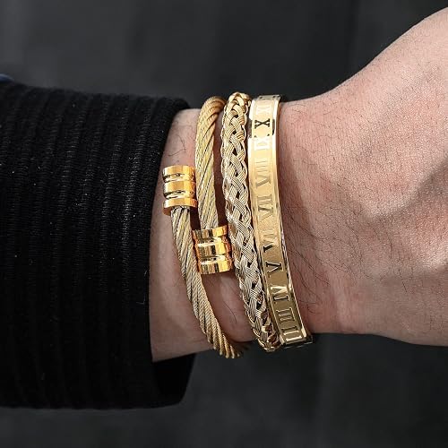 WFYOU 3PCS Stainless Steel Bracelets for Men Gold Roman Numeral Bangle Bracelet Twisted Cable Bracelet Adjustable Cuff Bracelet Mens Luxury Jewelry Bracelets Gifts thumbnail 2