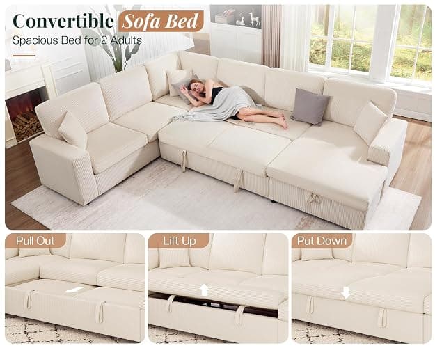 Jocisland Oversized Sofa Bed, 130" Sleeper Sofa, Pull Out Sleeper Couch with Storage, Convertible 6-Seater Sofa Bed for Living Room, Corduroy Beige Couch thumbnail 5