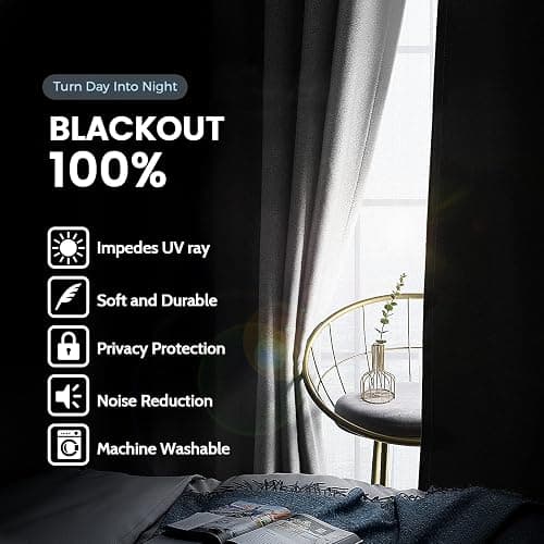 SimpleHome 100% Blackout Curtains for Bedroom,Thermal Insulated Grommet Window Drapes Room Darkening White Curtains for Living Room with Black Back,52 x 84 Inch,2 Panels thumbnail 3