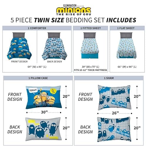 Franco Kids Bedding Super Soft Comforter and Sheet Set with Sham, 5 Piece Twin Size, Minions The Rise Of Gru thumbnail 3
