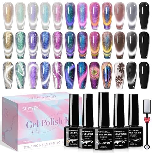 SUPWEE Magnetic Cat Eye Gel Nail Polish Set 12 Colors Cateye Gel Polish with Magnetic Stick Chameleon Cat Eye Gel Aurora Cat Eye Gel and Glass Cat Eye Gel Collection for Home DIY Manicure - Image 1