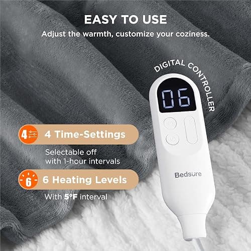 Bedsure Heated Blanket Throw Blanket - Fast Heating Electric Blanket, Soft Flannel Heated Throw with 4 Time Settings, 6 Heating Settings, Warm Gifts for Grandma & Grandpa & Seniors (50“x60”, Grey) thumbnail 6