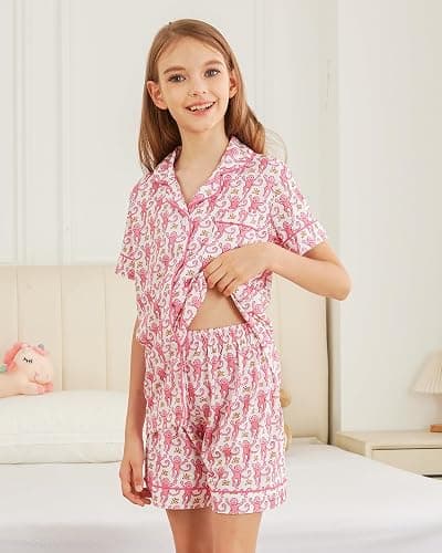 HMPEAIIY Cute Monkey Pajamas Set for Girls, Kids Summer Button Down Matching Y2k Loungewear PJs Christmas Thanksgiving Gift thumbnail 3